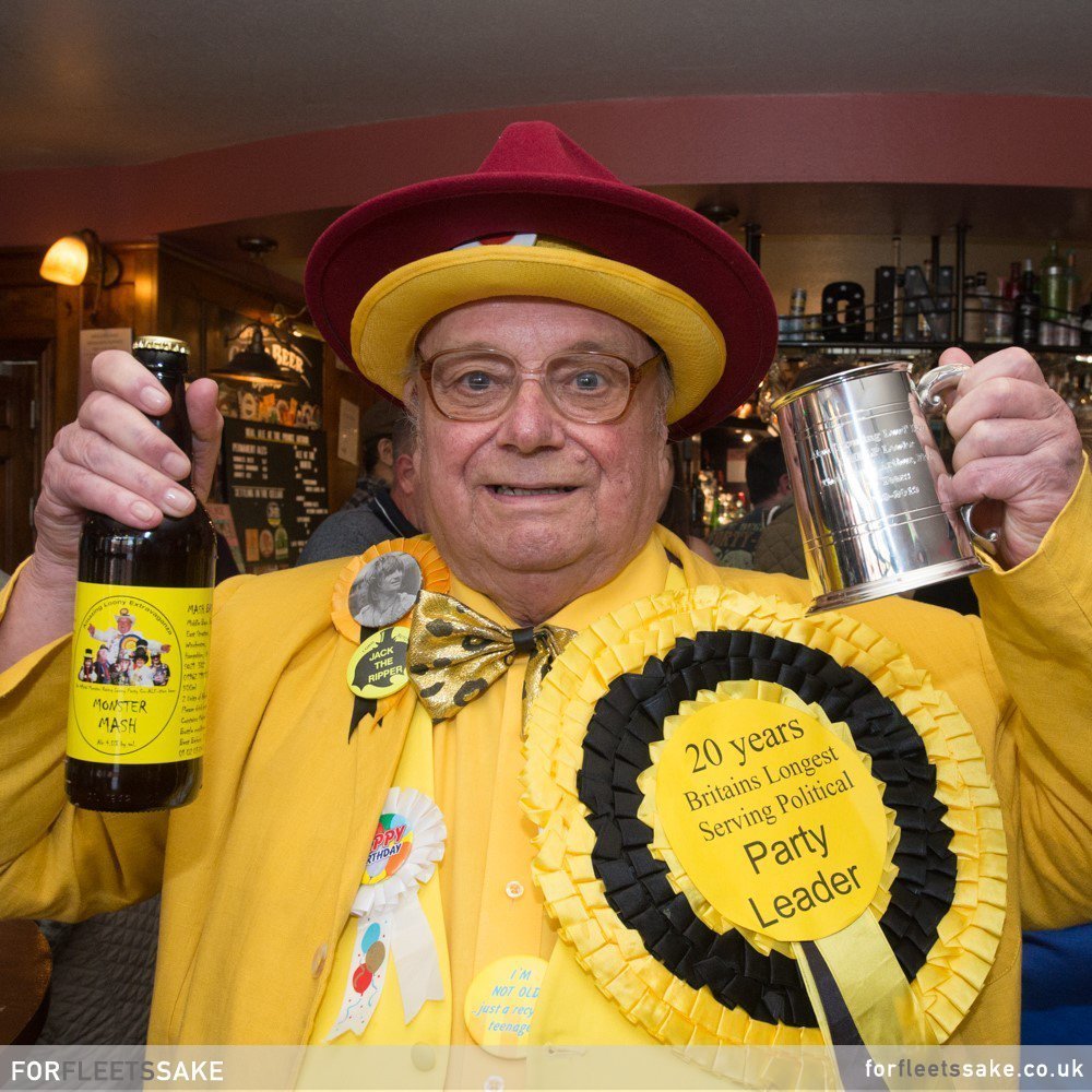 Councillor Alan Hope celebrating with a bottle of Monster Mash, (Loony Beer!) and the silver tankard, presented to him by the Prince Arthur Manager Stuart Merricks. June 2019